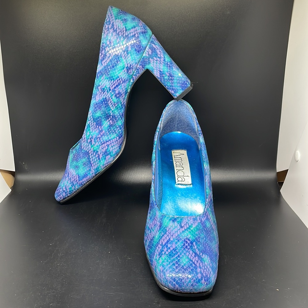 Vintage 90’s Amanda neon snake purple teal Square Toe Block Heels Size 9